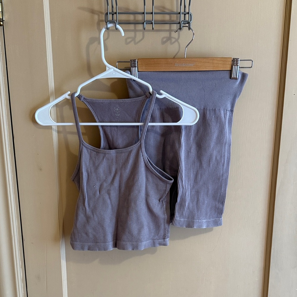 Aritzia Ribbed Tank and Bike Shorts Set - Gray